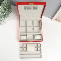 Шкатулка кожзам под часы 2 отделения и бижутерию "Кожа крокодила" красная 26х26,5х10 см