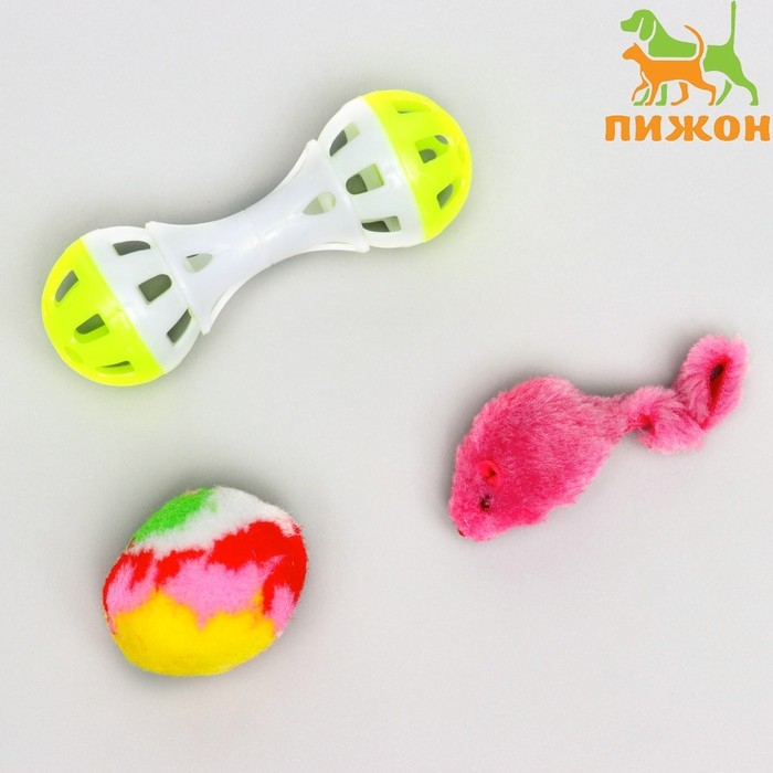 Набор игрушек для кошек: гантель 11 см, мышь 4 см и шар 4 см, микс цветов Набор игрушек для кошек: гантель 11 см, мышь 4 см и шар 4 см, микс цветов