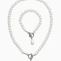 Набор 2 пред-та: бусы.браслет "Жемчуг", капелька, цвет белый в серебре L=18/42см №8