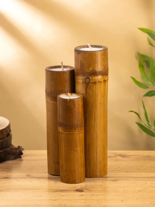 Свеча в бамбуке тройная, 14&times;15&times;30 см, 100 мл, бежевая