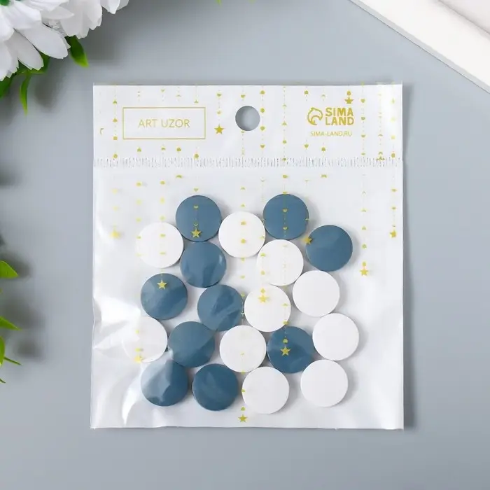 Бусины для творчества дерево "Плоский круг" набор 20 шт белый, серо-синий 0,4х1,5х1,5 см