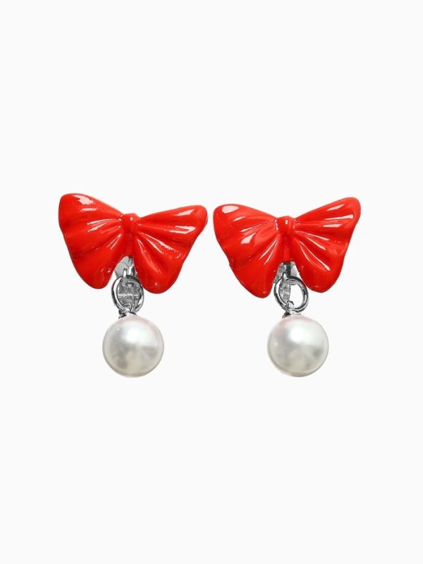 Серьги-клипсы детские "Выбражулька" бант с жемчужиной, цвет красно-белый