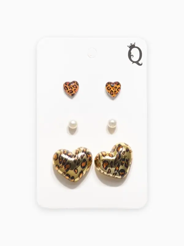 Набор серьги "Леопард" сердце крупное, цветной в золоте