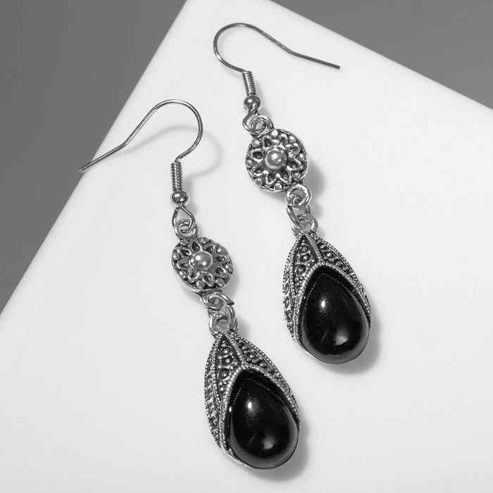 Серьги со стразами &laquo;Капля&raquo; изящность, цвет чёрный в чернёном серебре