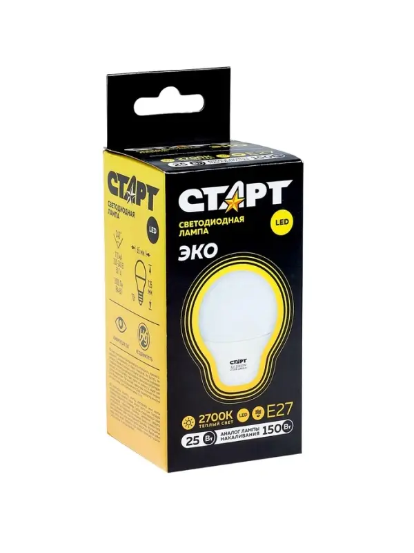 Лампа светодиодная СТАРТ, 25 Вт, Е27, А60, 2700К, 1600 Лм, теплый свет