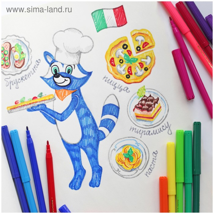 Фломастеры 36 цветов Мульти-Пульти "Енот в Италии", смываемые, вентилируемый колпачок, в блистере