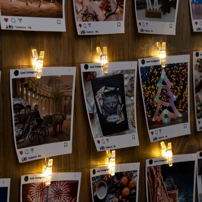 Гирлянда &laquo;Нить&raquo; 2 м роса с насадками &laquo;Прищепки&raquo;, IP20, серебристая нить, 20 LED, свечение тёплое белое, ААх2