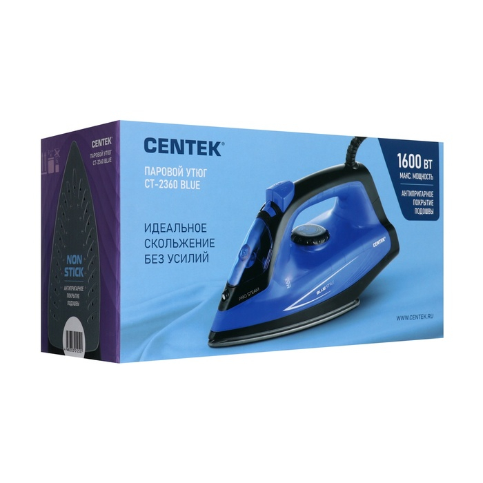 Утюг Centek CT-2360, 1600 Вт, антипригарная подошва, 200 мл, чёрно-синий Утюг Centek CT-2360, 1600 Вт, антипригарная подошва, 200 мл, чёрно-синий