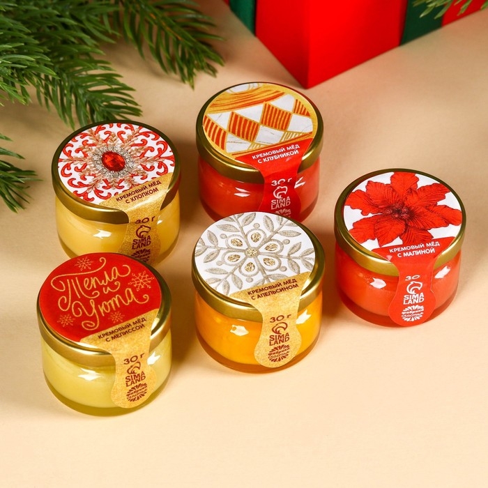 Подарочный набор &laquo;Мечты сбудутся&raquo;: чай чёрный со вкусом: зимняя вишня 50 г., крем-мёд: с малиной, с апельсином, с клубникой, с мелиссой, 150 г (5 шт. x 30 г).