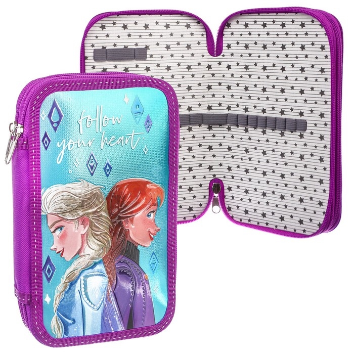 Пенал каркасный с эффектом металлик, 2 секции, 125х205х40 мм, ламинированный картон, Холодное сердце