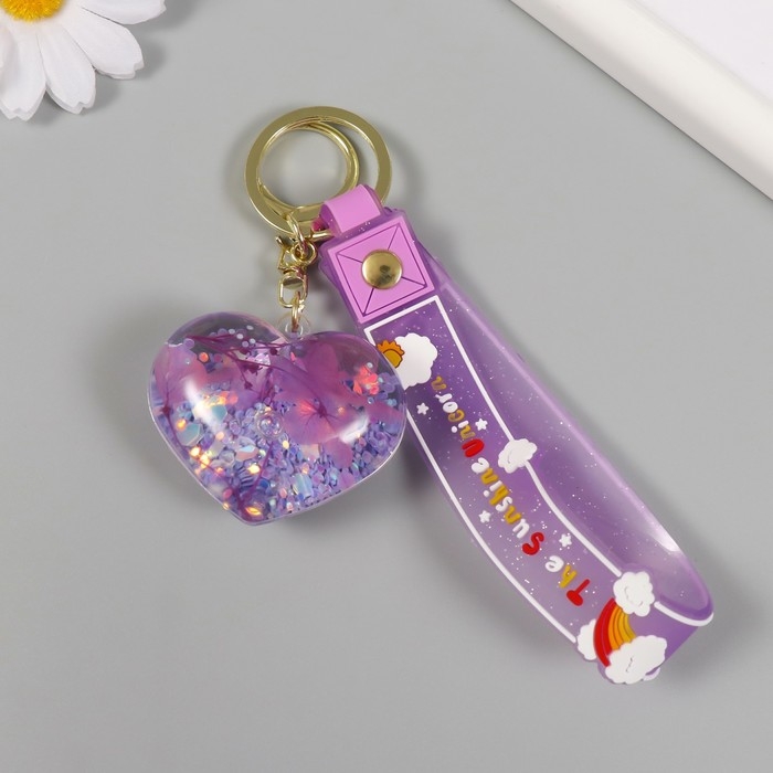Брелок пластик с карабином, ремешком "Сердечко с цветами" водный с декором 5х5,5х2,5 см