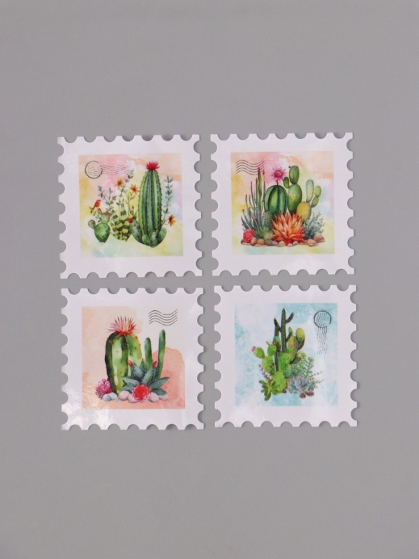 Наклейка бумага "Марки. Кактусы" 3х3 см 200 шт в рулоне