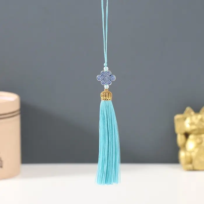 Подвеска текстиль, пластик "Узел счастья и бесконечности" индиго 0,7х1х9,5 см