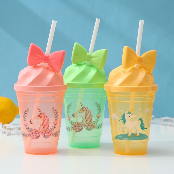 Стакан пластиковый с трубочкой и крышкой Доляна &laquo;Единорог&raquo;, 400 мл, цвет МИКС
