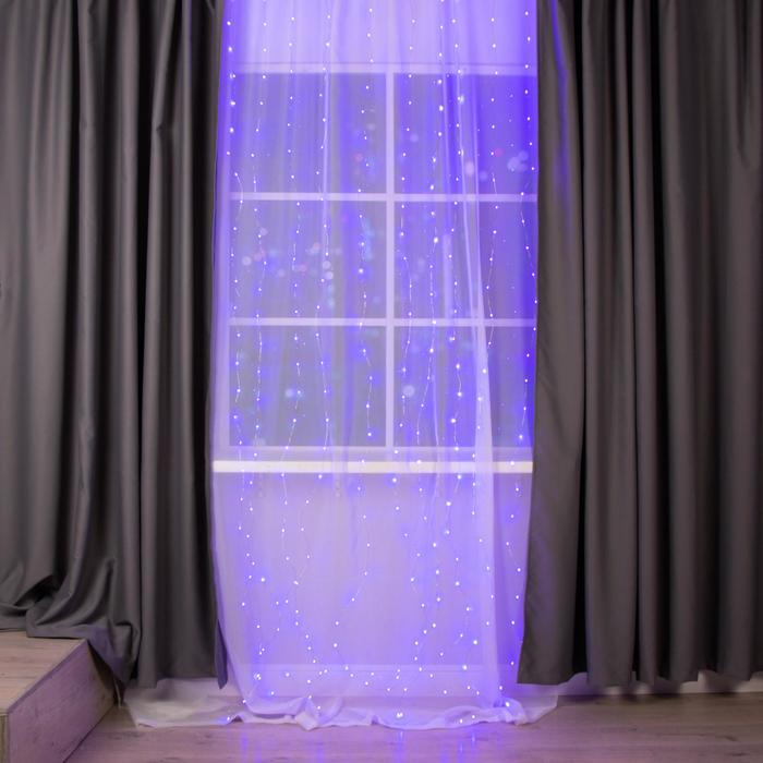 Гирлянда &laquo;Занавес&raquo; 2.8 &times; 3 м роса на крючках, с пультом, IP20, серебристая нить, 300 LED, свечение фиолетовое, 8 режимов, USB