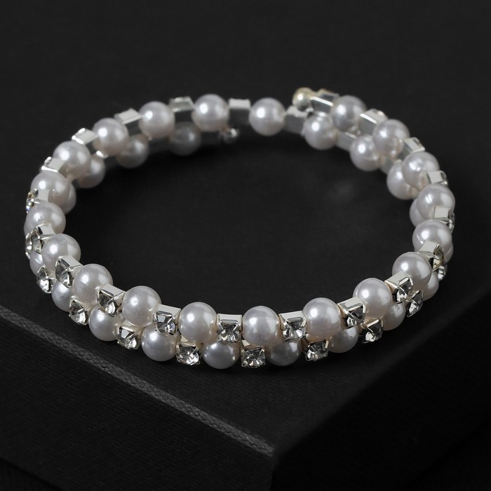 Браслет-пружинка &laquo;Жемчужный ряд&raquo; средние бусины в 2 ряда, d=6,5, цвет белый в серебре
