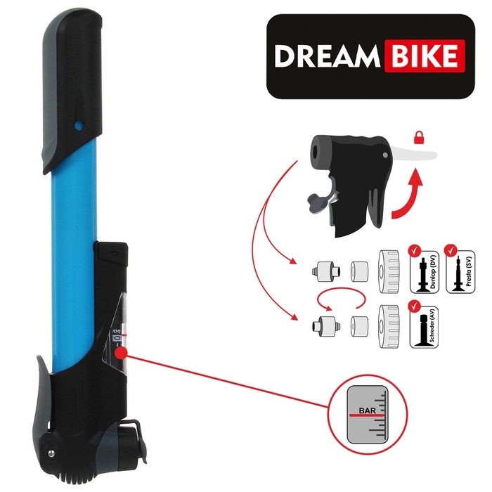 Насос ручной Dream Bike, с манометром, цвет синий Насос ручной Dream Bike, с манометром, цвет синий