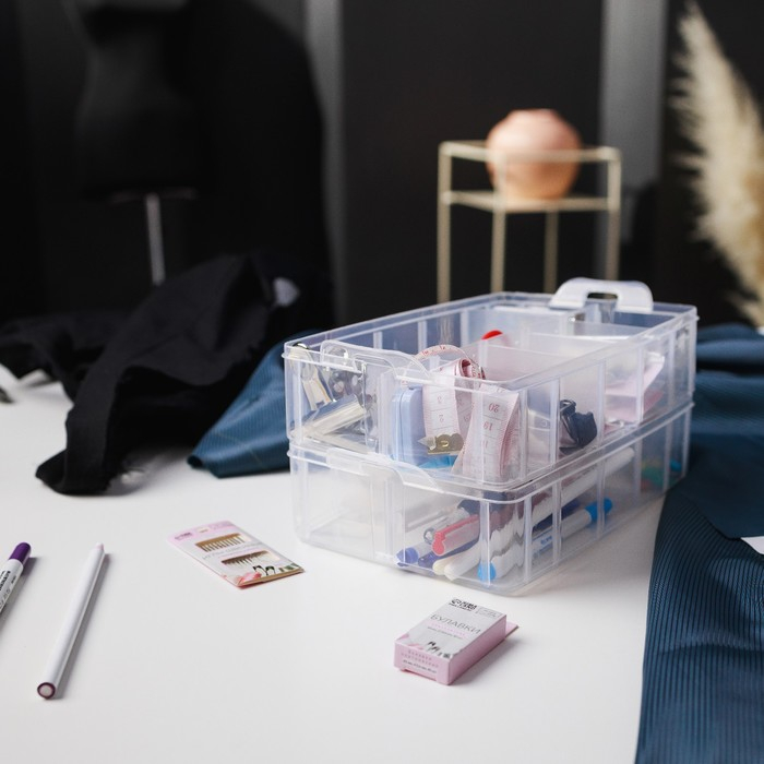 Органайзер для рукоделия, со съёмными ячейками, 3 яруса по 10 отделений, 24,5 &times; 16,5 &times; 18 см, с ручкой, цвет прозрачный