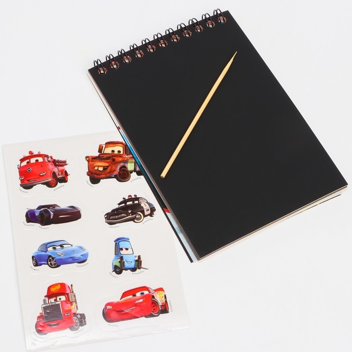 Гравюра-блокнот со штихелем, 10 листов, наклейки, Тачки Гравюра-блокнот со штихелем, 10 листов, наклейки, Тачки