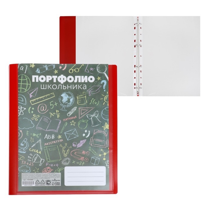 Папка-портфолио А4, Calligrata Папка-портфолио А4, Calligrata "Веселая школа", пластиковая, на 4 кольцах, для школьника, 20 файлов