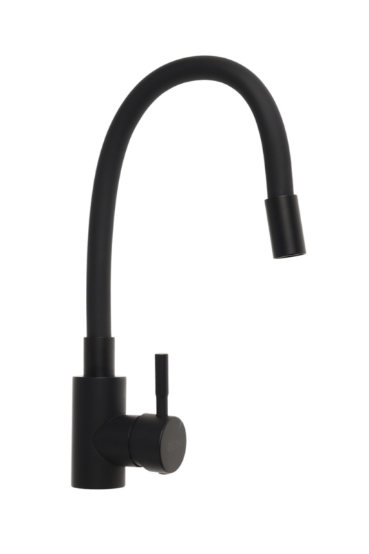 Смеситель для кухни ZEIN Z2754, гибкий силикон излив, картридж 35 мм, нерж. сталь, черный