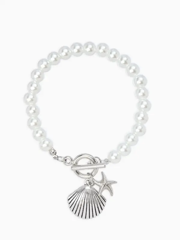 Набор 2 пред-та: бусы.браслет "Жемчуг", ракушка вонголе, цвет белый в серебре L=18/42см №8   1093654