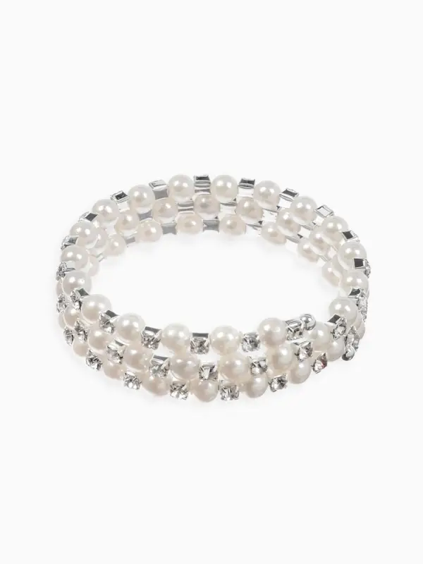 Браслет с жемчугом &laquo;Пружинка&raquo; стразинки, шар № 6, цвет белый в серебре, диаметр бр.6 см