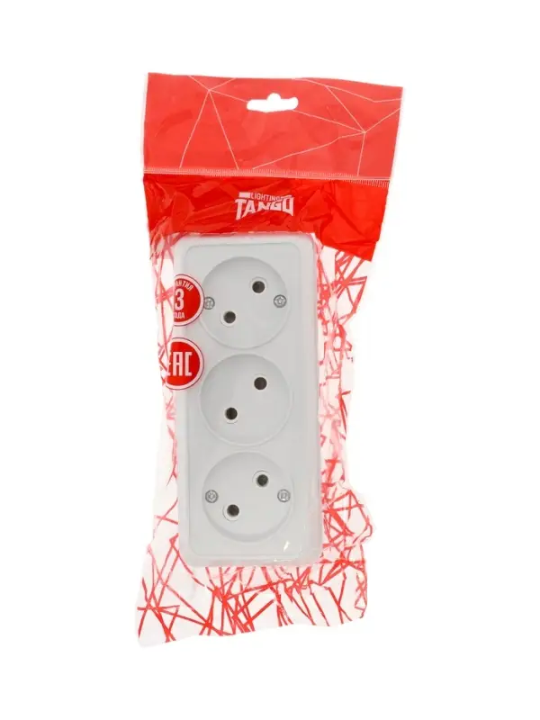 Розетка трехместная TANGO, 16 А, 250 В, IP 20, без заземления, огнеупорный ABS-пластик, белая 109815