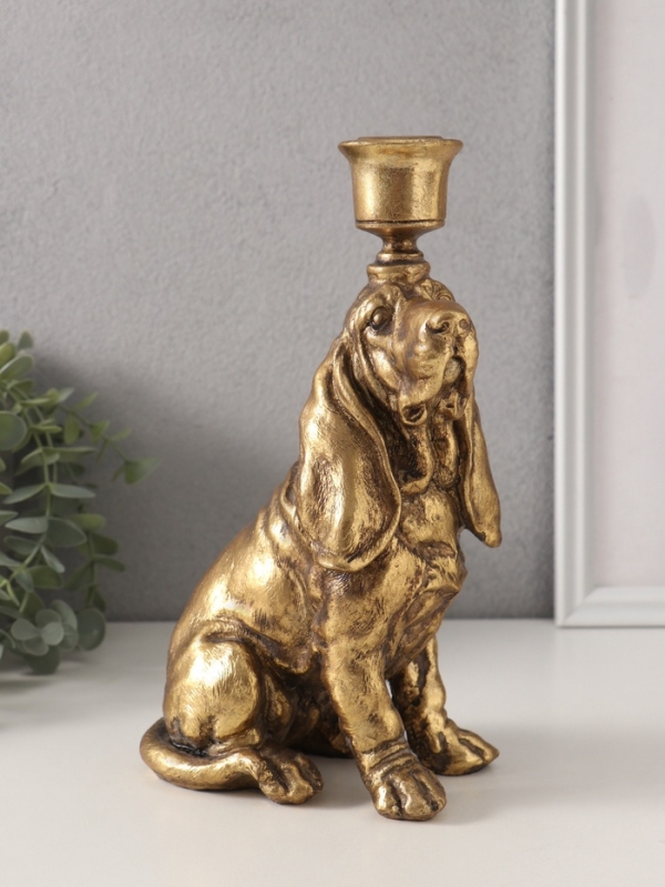 Подсвечник полистоун на 1 свечу "Спаниель" золото 14,5х9х24 см