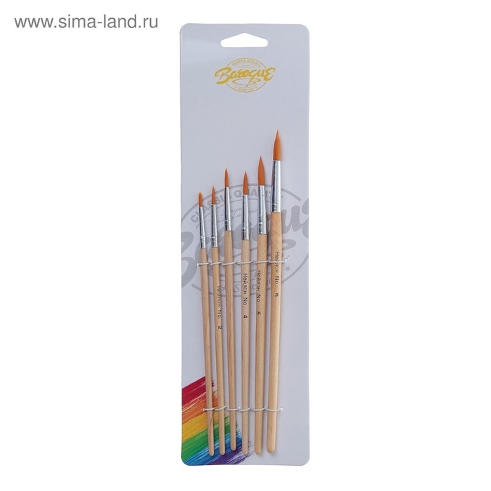 Набор кистей нейлон 6 штук: №1, 2, 3, 4, 5, 6, круглые