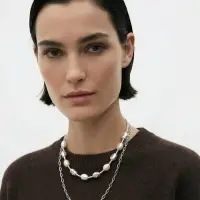 Колье "Жемчуг" борокко, цепь, удлиненное, 2 яруса, цвет белый в серебре