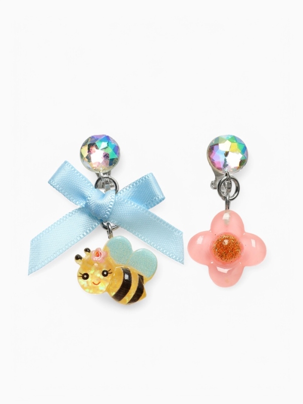 Серьги-клипсы детские "Выбражулька" пчела с бантом, цветок с кругом кристалл, цветные