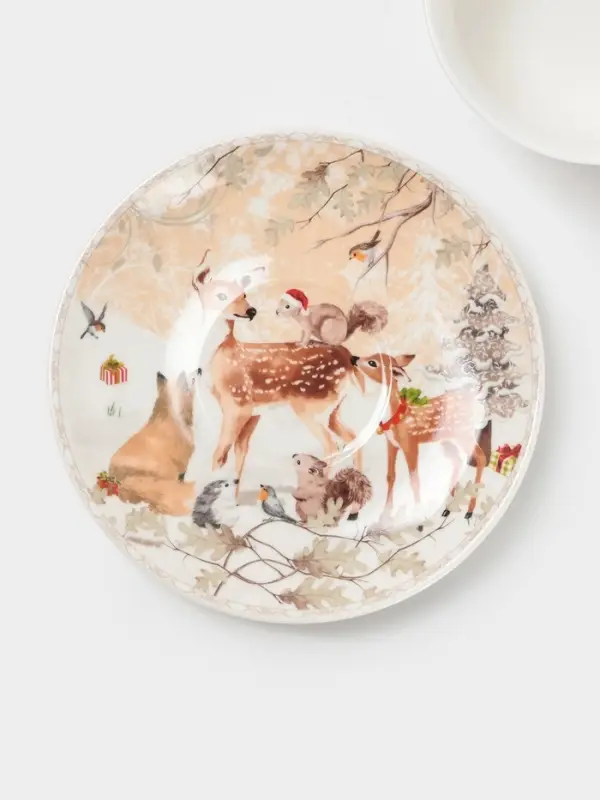 Чайная пара новогодняя &laquo;Лесное чудо&raquo;, 2 предмета: чашка 180 мл, блюдце d=15 см, керамика, подарочная упаковка, бежевая