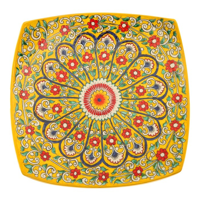 Ляган Риштанская Керамика "Цветы", 28 см, квадратный, жёлтый  микс
