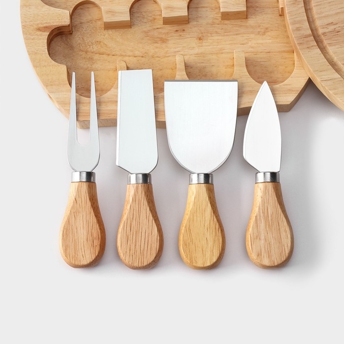 Набор для подачи сыра Magistro, 4 ножа, доска, 19,5&times;19,5&times;3,5см, дуб