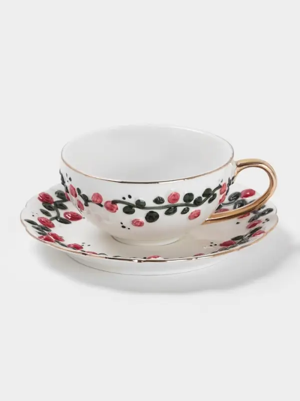 Чайная пара &laquo;Красный бутон&raquo;, 2 предмета: чашка 180 мл, блюдце d=15 см, керамика, белая