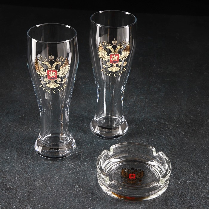 Набор &laquo;Золотой Герб России&raquo;, 2 бокала для пива 300 мл, пепельница