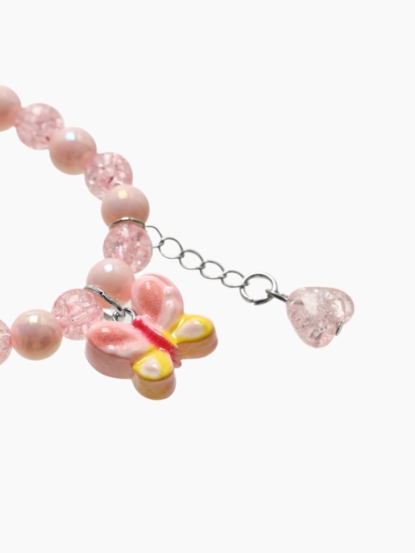 Браслет детский "Выбражулька" сердце на цепочке и бабочка, цвет розовый