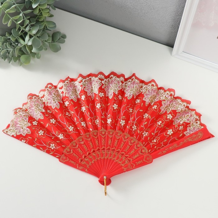 Веер пластик "Цветы с блёстками" МИКС 23 см