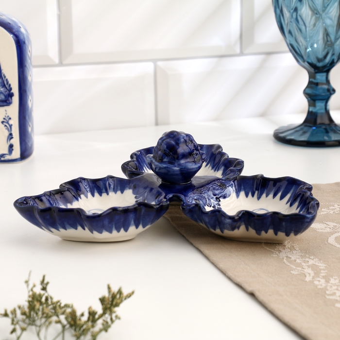 Менажница гжель &laquo;Листики&raquo;, бело-синий,керамика,