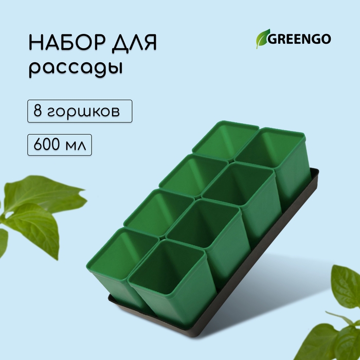 Набор для рассады: стаканы по 600 мл (8 шт.), поддон 36 &times; 18 см, цвет МИКС, Greengo