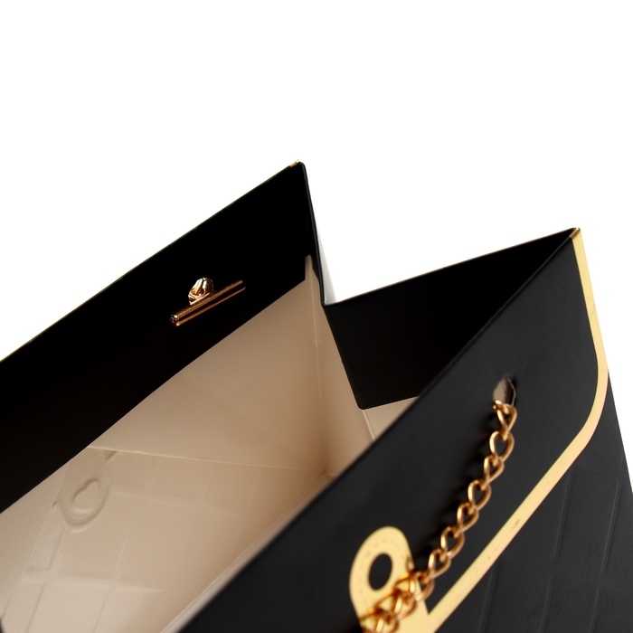 Пакет для цветов, ручка цепь, Пакет для цветов, ручка цепь, "Чёрный", с золотым тиснением, 15 х 10,5 х 10 см