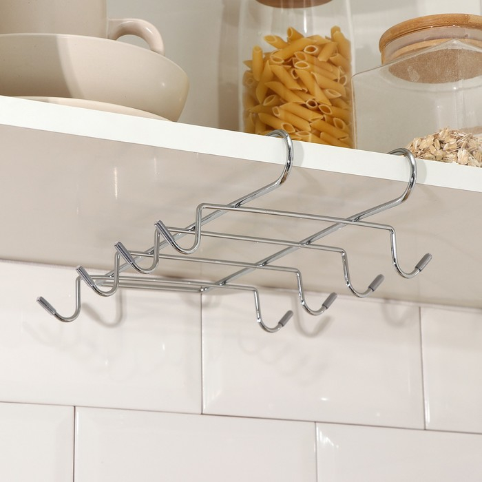 Держатель для кружек подвесной на 8 предметов Доляна, 27,5&times;20&times;7,5 см, на толщину полки 3,5 см, цвет хром