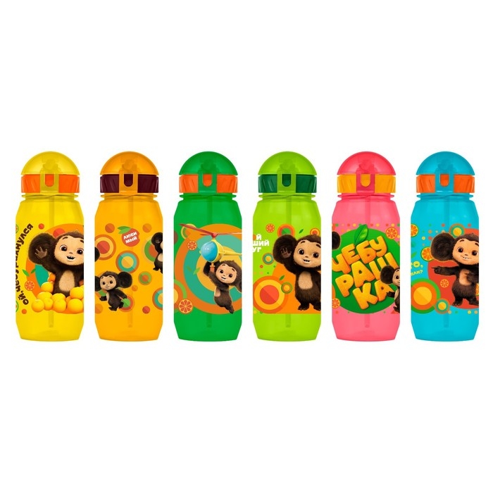Бутылочка детская с силиконовой трубочкой &laquo;Чебурашка&raquo;, 400 мл., со шнурком, цвет и рисунок МИКС