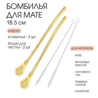 Бомбилья для чая Йерба Мате мини, набор 2 штуки с щёточками для чистки, золото, l-18.5 см Бомбилья для чая Йерба Мате мини, набор 2 штуки с щёточками для чистки, золото, l-18.5 см