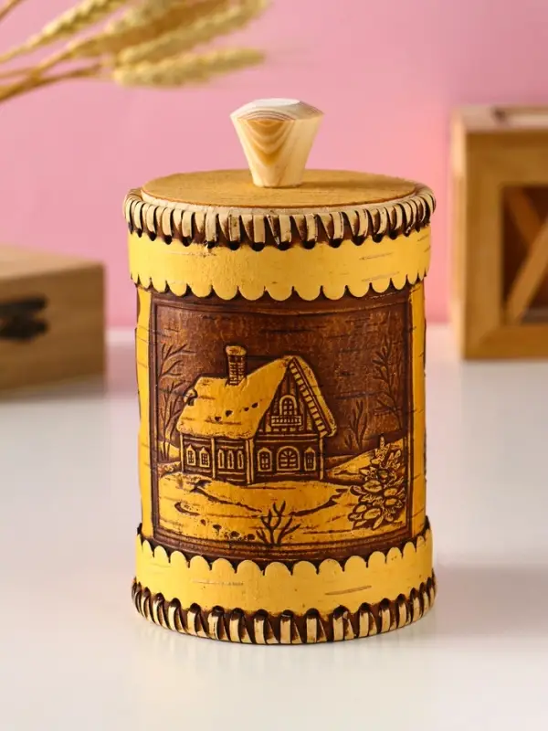 Туес шитый "Домики", D8смхH(с хватком)14см, береста