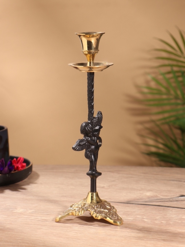 Подсвечник на 1 свечу, латунь, черный с золотом 8,5х8,5х23,5 см