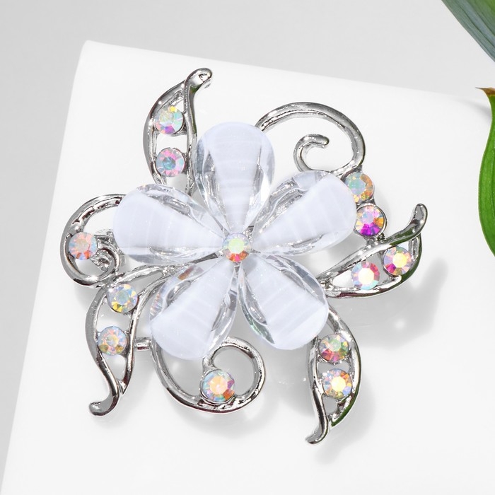 Брошь &laquo;Цветок&raquo; незабудка, цвет бело-радужный в серебре