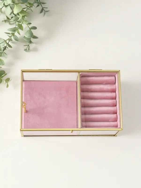 Шкатулка стекло с металлическим каркасом "Розовая" 2 отделения 22х14,5х7,5