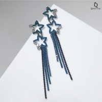Серьги висячие со стразами &laquo;Водопад&raquo; звёзды, цвет синий в сером металле, 11 см